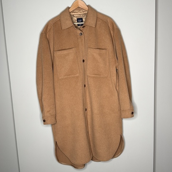 GAP Recycled Wool Blend Jacket Shacket Button Front Womens Size XL Tall in Camel - Picture 1 of 11